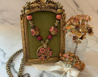 Artisan Lace Stoneware Pendant Necklace with Vintage Rose, Antique Pink, Stem Green Custom Glazes, Flax Braid With Hybrid Toho Seed Beads