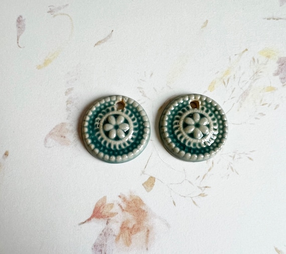 Stoneware Beads Decorated with a Hand Crafted Stamp Medallion Design, Set of Two Beads, Teal Glaze Finish