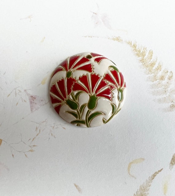 Red Carnations on a White Background Pendant, Round Domed Stoneware Pendant Bead, Golem Design Studio Beads, 1.5 Inches Round