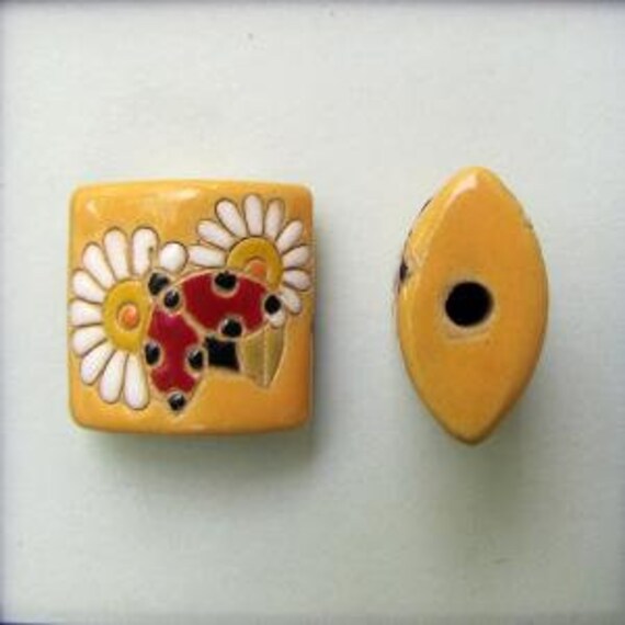 Two Daisies and a Ladybug on a Butternut Yellow Ground, Pillow Beads, Pendant Beads, Golem Artisan Ceramic Pendants