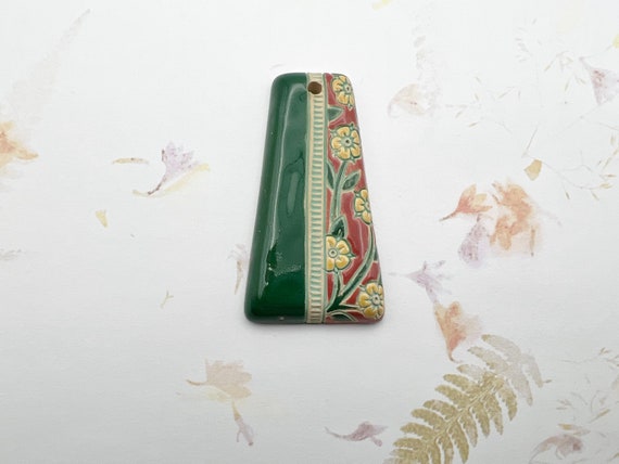 NEW!  Spring Bloom on Stoneware Pendant, 52mm Long x 28mm Wide, Hand Carved, Stamped and Glazed