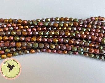 6mm Fire Polish Matte Autumn Metallic Beads, Iris Mix, Fire Polish Beads, Faceted, 25 Beads Per Strand