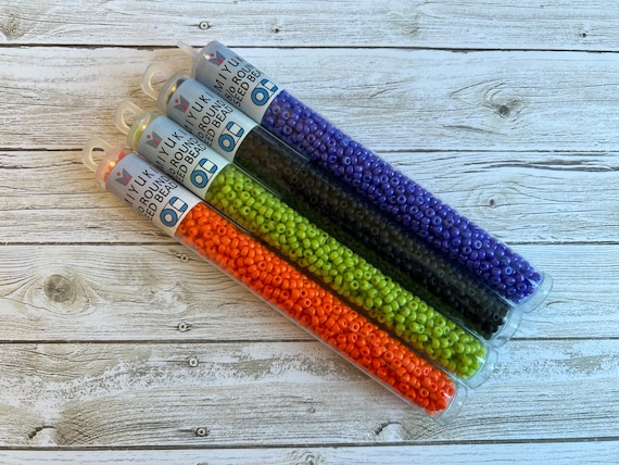 Halloween Seed Bead Set, Size 8, Opaque Seed Beads, 22g Of Each Color, Lime, Orange, Purple And Matte Black, 4 Tubes Total
