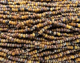 8/o Aged Mural Striped Picasso Mix, Size 8 Round, Czech Glass Seed Beads, 20 Inch Strand, Approximately 7 Grams Each