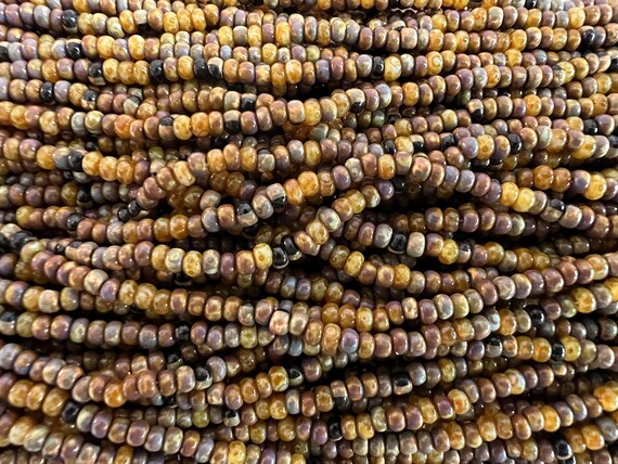 8/o Aged Mural Striped Picasso Mix, Size 8 Round, Czech Glass Seed Beads, 20 Inch Strand, Approximately 7 Grams Each