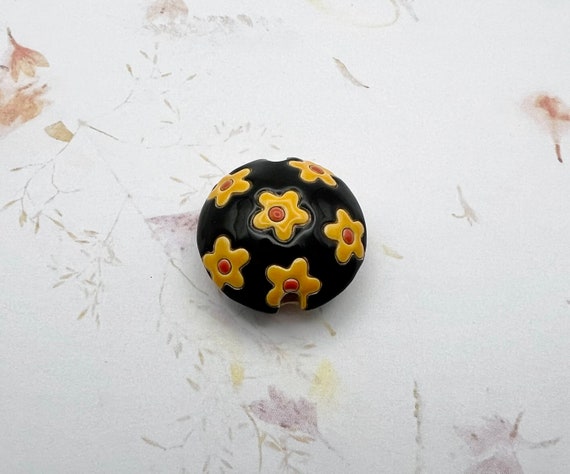 Flowers on Black Background, Lentil Shaped Beads, Medium Lentil Bead, Round Stoneware Ceramic Pendant Bead, Golem Design Studio Beads