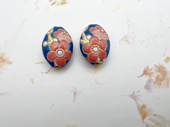NEW! Set of Two, Sakura Blossom Design, Almond Shaped Beads, Hand Shaped, Carved, Stamped and Brightly Glazed Pendant Beads