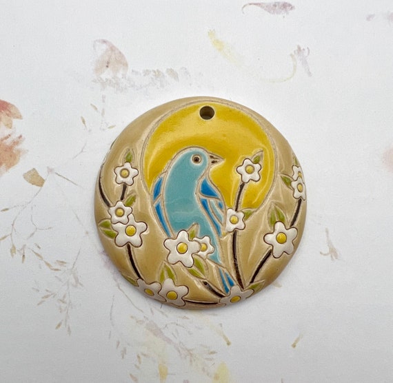 Bluebird Sunrise Stoneware Pendant, Large Round Bluebird Pendant, Bluebird Sunset and Blossoms Pendant on High Fired Stoneware