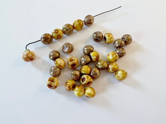 Opaque Yellow and Copper Picasso Mix with Luster Finish, 9x8mm Mushroom Beads, Mushroom Button Beads, 30 Beads Per Strand