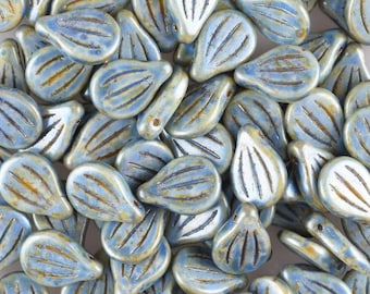 Preciosa Engraved Pips, Alabaster Blue Picasso, 9x14mm, Package of 5 Pieces