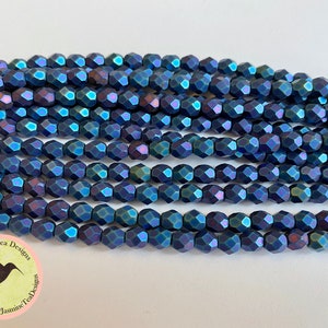 6mm Fire Polish Matte Iris Blue Beads, Fire Polish Beads, Faceted 6mm Fire Polish Beads, 25 Beads Per Strand