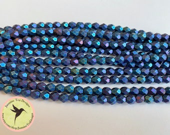 6mm Fire Polish Matte Iris Blue Beads, Fire Polish Beads, Faceted 6mm Fire Polish Beads, 25 Beads Per Strand