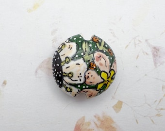 Forest Fairytale Lentil Shaped Stoneware Bead, Hand Crafted Artisan Beads, Damyanah Studio