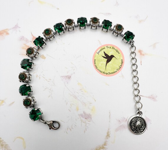 Emerald City Crystal Chaton Bracelet with Crystal and Emerald Disc Rondeles, Austrian Premium Crystals, Adjustable Bracelet Length