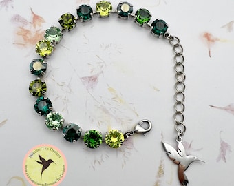 Green Meadow Crystal Bracelet, 8mm Swarovski Crystal Chaton, Adjustable From 7 Inches Up, Antique Silver