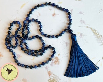 Hand Knotted Sodalite Mala Necklace, 6mm Natural Bloodstone Beads, 36 Inch Sodalite Mala Necklace with Silk Tassel