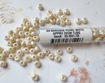 White Baroque Miyuki Pearl Beads: Size 5/o, 20g (5 Inch Tube)