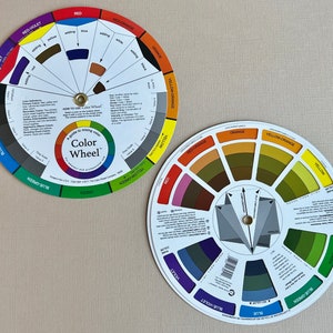 May include: Two color wheels, one with a traditional color wheel layout and the other with a more modern layout. Both wheels feature a variety of colors, including red, orange, yellow, green, blue, and violet. The text on the wheels reads "A guide to mixing color Color Wheel".