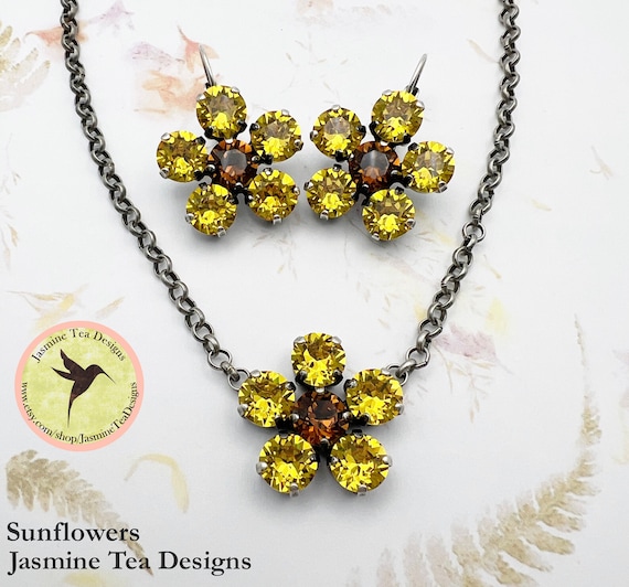 Sunflowers, Six Stone Necklace or Lever Back Earrings, European Crystals, Antique Silver Rolo Chain with Extender and Sunflower Dangle