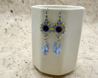 Bohemian Style Earrings, Hand Painted Enamel on an Ancient Design, Crystal Dangles, Antique Silver Plated Brass, Hook Ear Wire