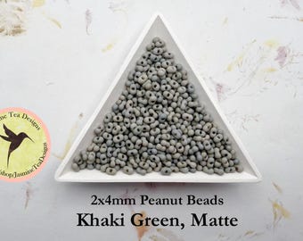 Khaki Green, Matte Peanut Beads, 2x4mm Peanut Beads, Matsuno Peanut Beads, 32 grams, 6 Inch Tubes, Matte Finish