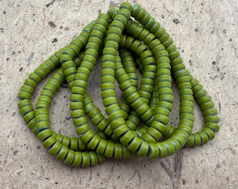 Heishi Beads, 3x6mm, Czech Glass, Matte Peridot with an AB Finish, 50 Beads Per Strand, Flat Round Heishi Beads