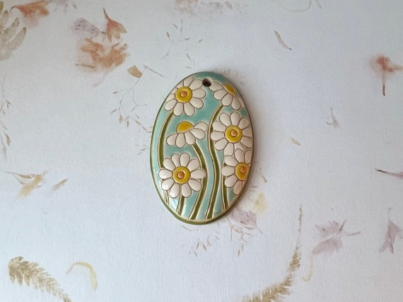 Dasies Oval Pendant on Light Blue, Green Glaze On Back, Golem Design Studio Beads, Large Oval Blooming Dasies Pendant