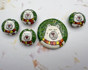 Mr Bear with Colorful Scarf and Red Heart Nose, High Fired Stoneware, Hand Crafted