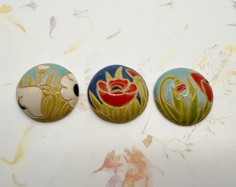 Field Poppy Cabochons, Poppy Cabochon, Domed Cabochon, 1 Inch Round or 25mm Cabochon, Hand Carved and Glazed Stoneware Cabochons, 3 Styles