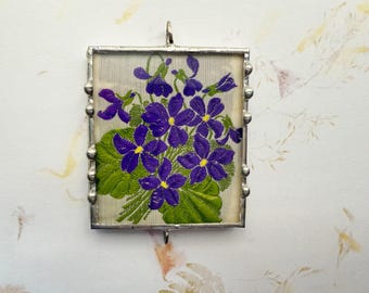 Kensitas Violet, Silk Flower Mixed Media Pendant, Two Sided Design Using the Embroidered Silk Flower and the Descriptive Back Panel