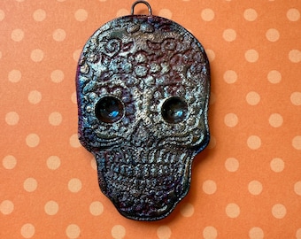 Raku Fired Sugar Skull Pendant: Dia de los Muertos