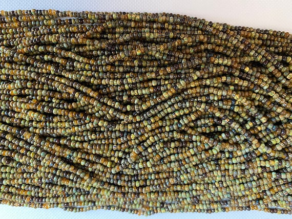 10/o Aged Brown Striped Picasso Mix, Size 10 Round, Czech Glass Seed Beads, 20 Inch Strand, Approximately 300 Beads