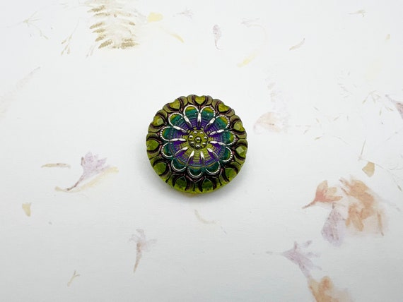Crown Design Czech Glass Button, 27mm Round Button, Green Lime Two Tone and Purple, Aquamarine Antiqued with Platinum, Box Shank Button