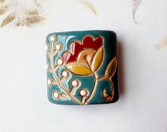 Carved Stoneware Pillow Bead, Stylized Flower and Berries, Extra Large