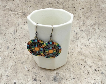 Colorful Bohemian Enamel Earrings, Primary Enamel Colors on an Ancient Design, Drop Earrings, Dangle Earrings, Antique Brass, Hook Ear Wire