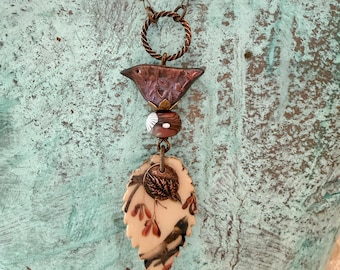 Polymer Clay Bird Necklace, Mixed Media Leaf Pendant, 26 Inch