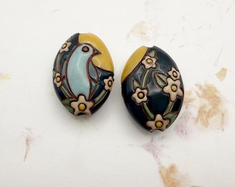 Blue Bird Sunset Terracotta Pendant Bead, Almond Shaped Bead, Hand Glazed, Hand Carved, Pendant Beads, Golem Design Studio