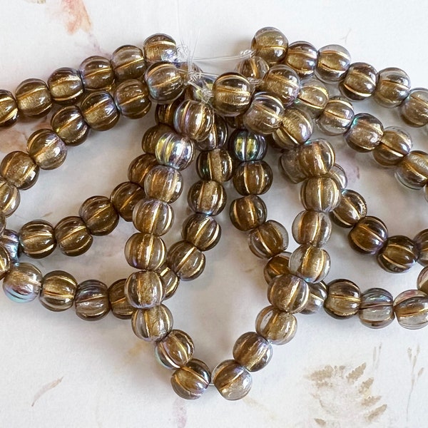 8mm Large Hole Melon Beads, Gold with an AB Finish and a Gold Wash, Gold with Aroura Borealis, 20 Beads Per Strand