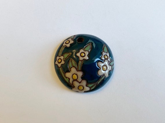 Domed Small Pendant,  Evening Blossoms on Terracotta, Small Pendant, Carved and Glazed Terracotta