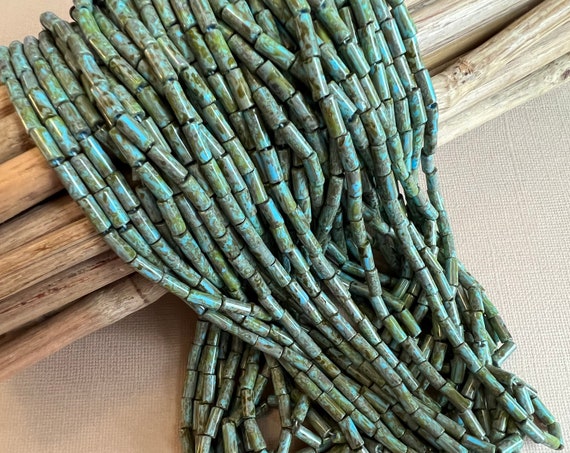 9x4mm Aged Picasso Czech Tube Beads, Wampum Blue Turquoise Picasso Tube Beads, Tribal Beads, Bugle Beads