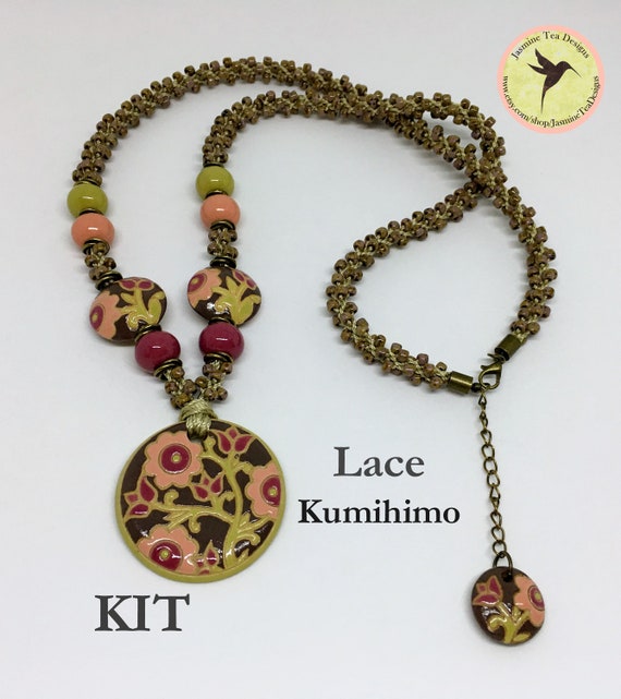 KIT, Lace Necklace, Vintage Rose and Antique Pink with Stem Green Floral Pendant and Accent Beads, Flax Braid With Hybrid Toho Seed Beads