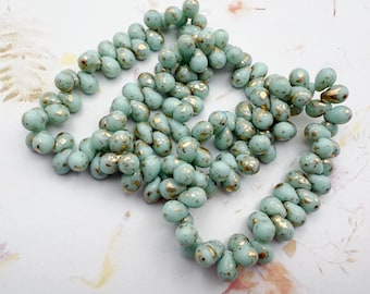 5x7mm Mint Gold Flake Teardrop, Czech Glass Beads, (50)