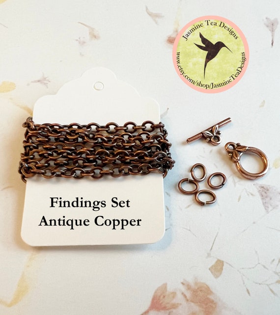 Antique Copper Plated Brass Findings Set, 24 Inch Cable Chain, Toggle Clasp and Jump Rings