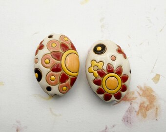White and Coral  Paisley Mandala, Almond Shaped Bead, Hand Glazed, Hand Carved, Pendant Beads, Golem Design Studio