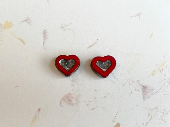 Heart Within A Heart, Red Heart With Travertine and Labrador Center, 14x12mm Double Heart, Sold As A Set of Two