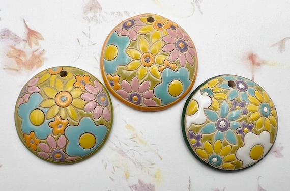 Brightly Mixed Flower Power Pendant, Round Domed Stoneware Pendant Bead, Golem Design Studio, 1.5 Inches Round