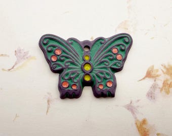 Lavender Butterfly Pendant, Glazed Details, Stamped Stoneware Pendant, Pendant Bead, Golem Design Studio