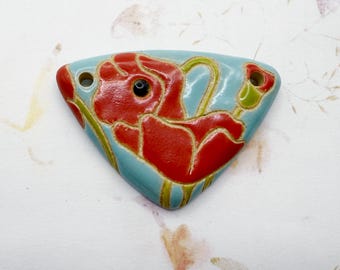 Red Poppies on Sky Blue, Large Triangle Stoneware Pendant with Red Poppies, Two Hole Front Drilled Pendant, Sky Blue Glaze Front and Back