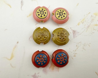 Set of 2, Hand Carved Stoneware Lentil Beads: Sun Swirl Design