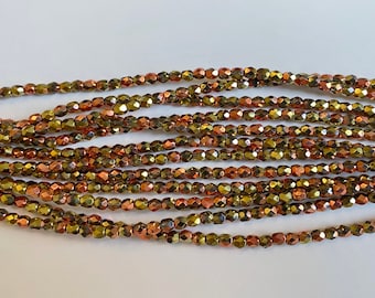 4mm Fire Polish Beads, Crystal California Gold Rush, Faceted 4mm Fire Polish Beads, 50 Beads Per Strand